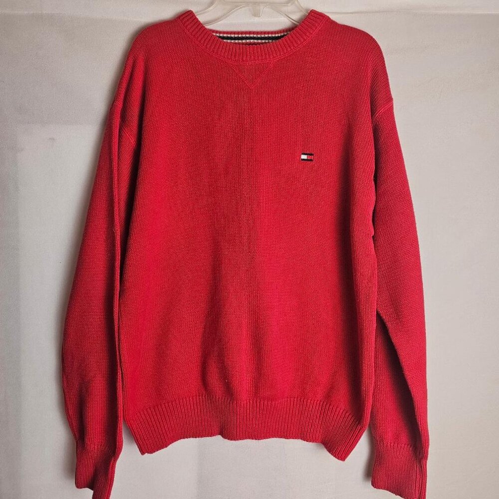 TOMMY HILFIGER Logo Red Crew Neck Pullover Vintage Sweater Mens Sz XL